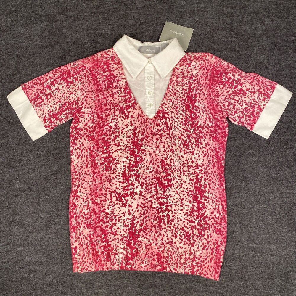 NWT Liz Claiborne Polo Pink Leopard Print Short Sleeve Women’s Size Medium